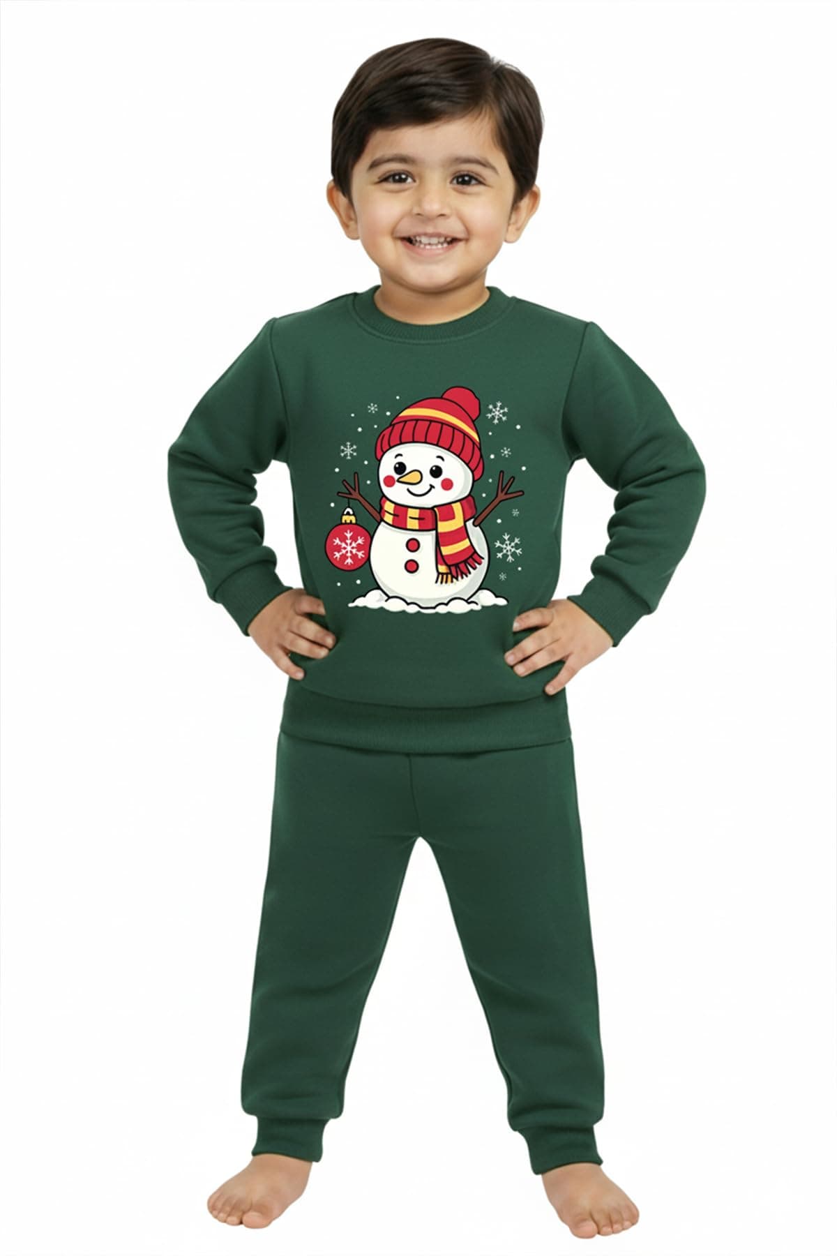 Trampoline Boys & Girls Green Fleece Printed Sweatshirt and Pajama Set | Snowman Winter Theme | Warm & Cozy Nightwear