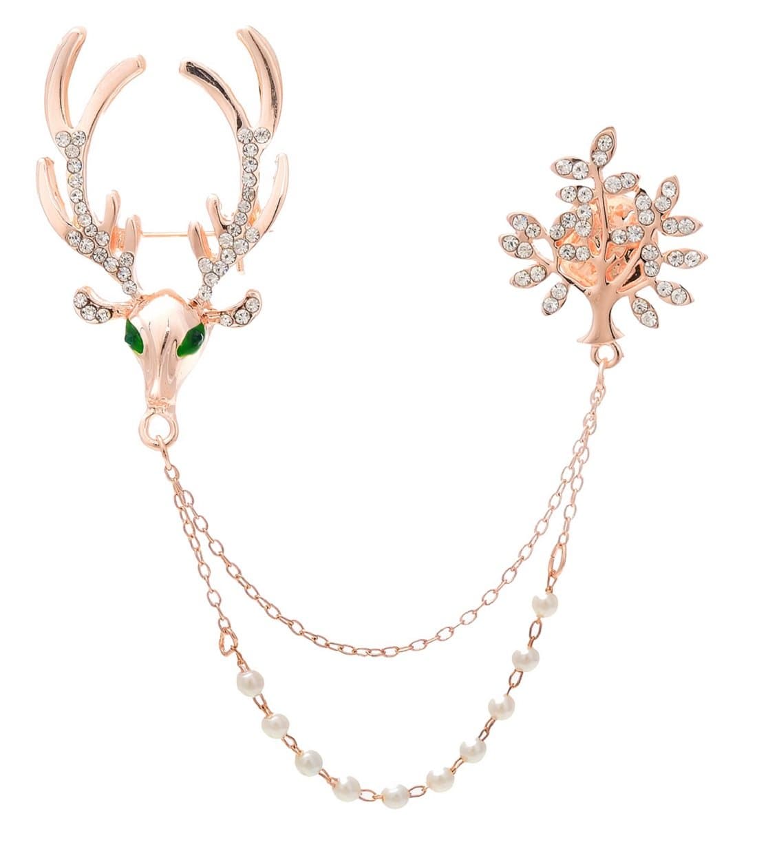 Aaishwarya Pearl Double Chained with Deer & Leaf Crystal Collar Pin | Men's Brooch Lapel Pin | Gift for Mens and Boys | Party Badge for Suits