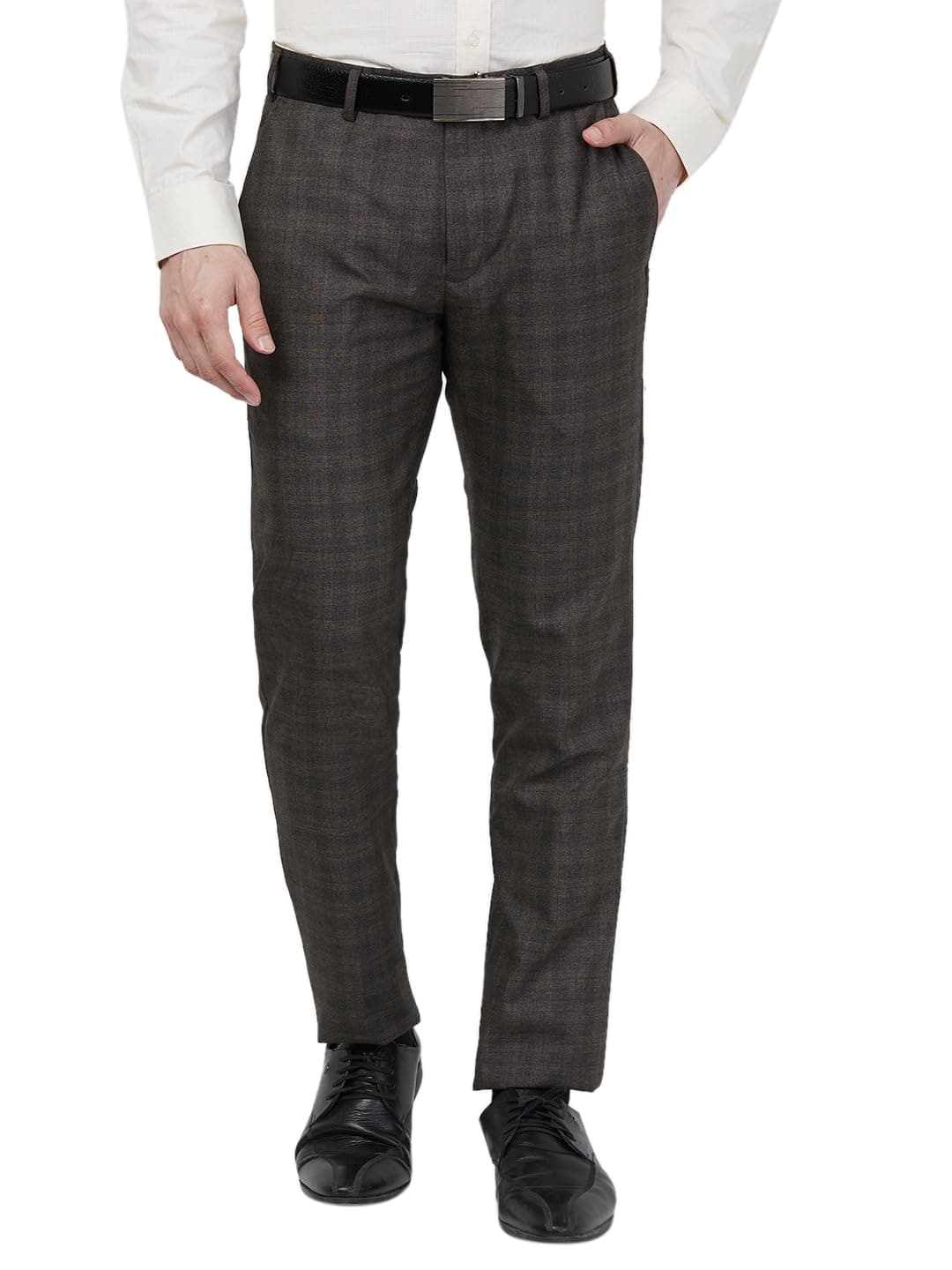 Raymond Men Slim Fit Checks Pattern Poly Viscose Blend Flat Front Formal Trouser