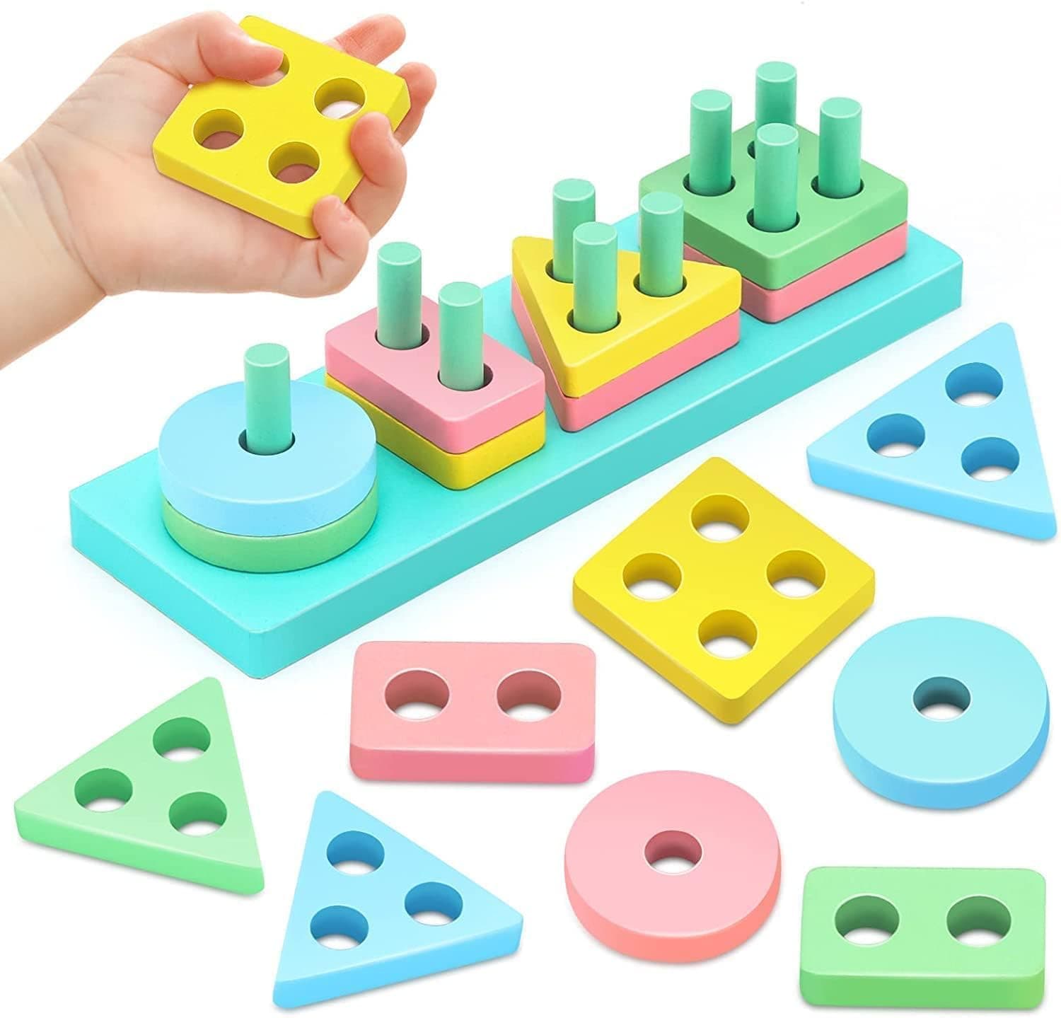 SHINETOY ENTERTAIN KIDS Montessori Toys for 1-3 Year Old Boys Girls Toddlers, Wooden Sorting & Stacking Toys for Kids Preschool, Educational Building Blocks, Color Recognition Stacker Shape, 16 pcs