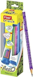FLAIR Creative Series Aero Pencil Smart Kit | Coloured 2B Lead Pencils | Fun & Functional Box | Stationery Kit Ideal For Gifting | Set Of 10 Wooden Pencils, 1 Eraser & 1 In-Built Sharpener.