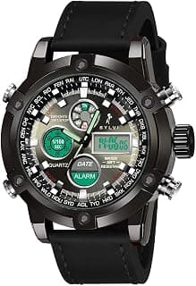 Sylvi Iconic Leather Strap Watches for Men with Analog Digital Display Alarm Stopwatch Water Resistant Watch