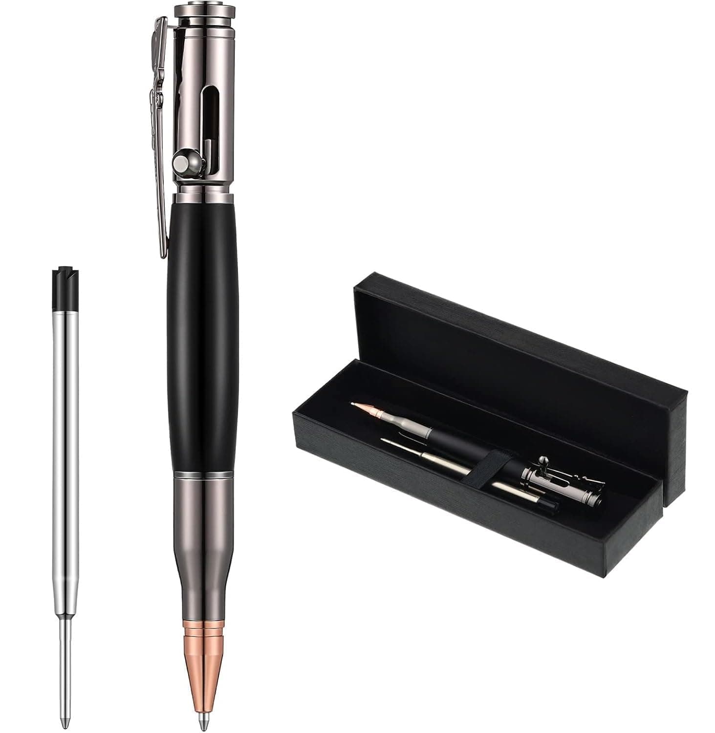 REDUCK Bolt Action Pen Wood Ballpoint Solid Brass Pens Bullet Shaped Metal Pen and 1 Piece Pen Refills with 1 Present Box for Father's Day, Valentine, Birthday, Black Ink (bullet pen, Black)