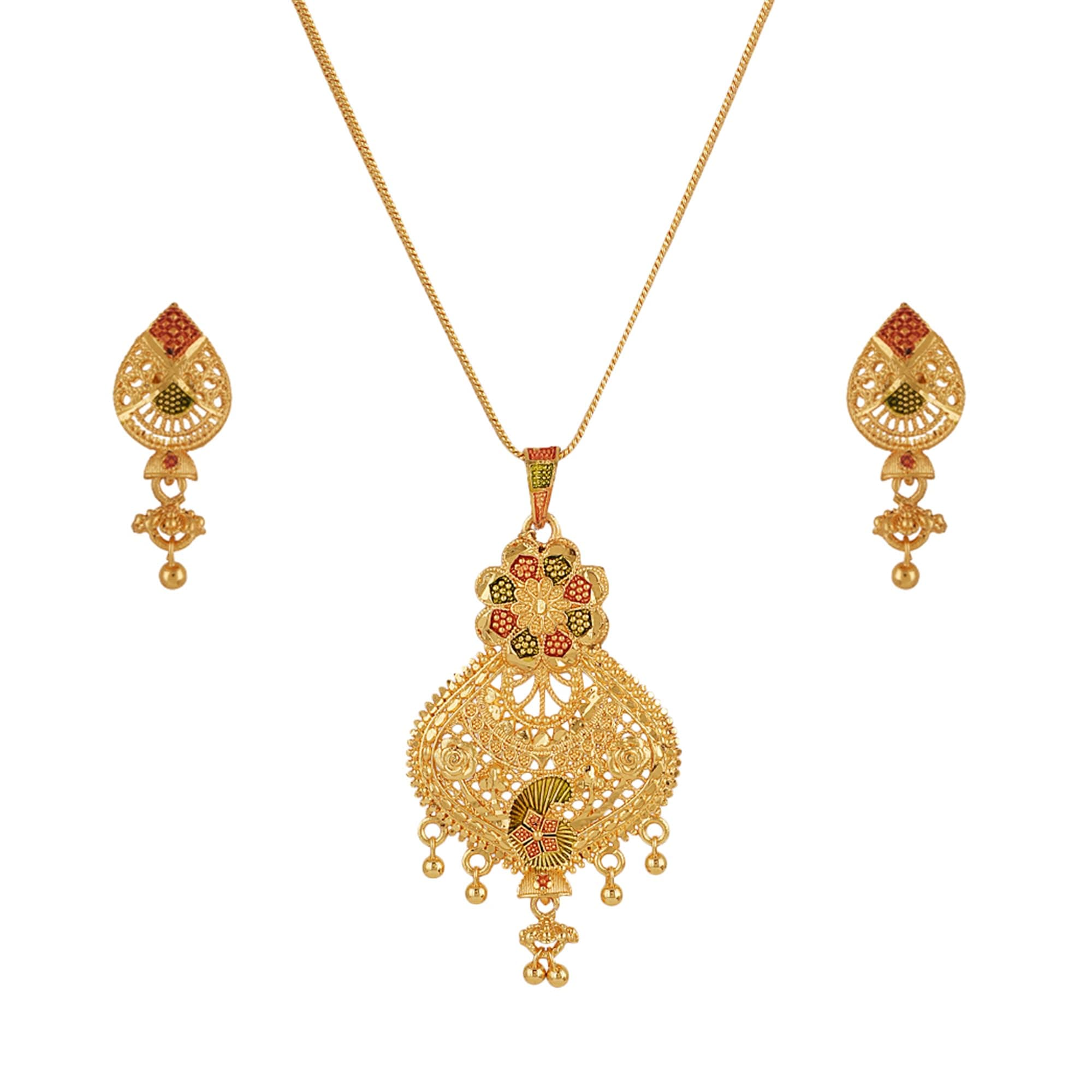 Shreyadzines Gold Plated Filigree Traditional Pendant Earrings Set with Chain for Women & Girls