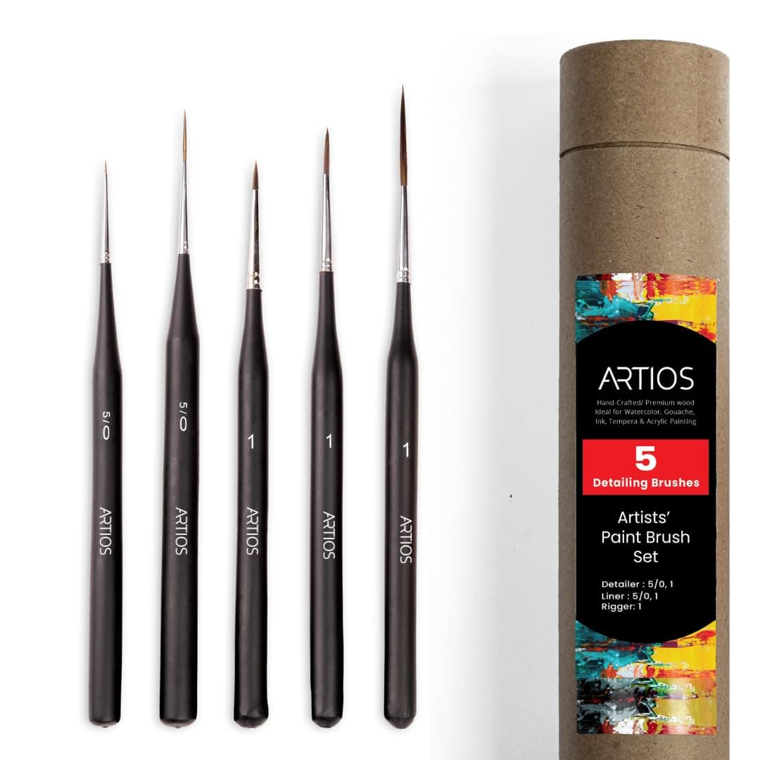 ARTIOS Detailing Paint Brushes Set - 5pcs Professional Miniature Liner Brushes for Fine Detailing & Painting with Brush Holder for Acrylic, Oil, Watercolor & Gouache Matte Black