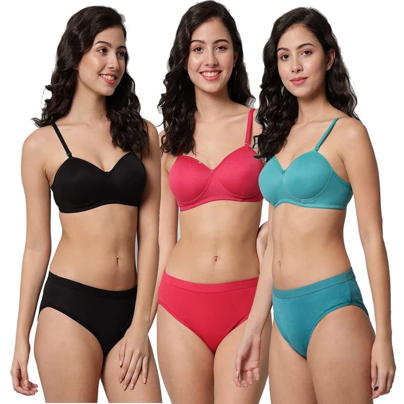Emavic Women's Cotton Full Coverage Lightly Padded Wire Free Bra Panty Lingerie Set Honeymoon Bikni Set for Girl's Combo Pack of 3