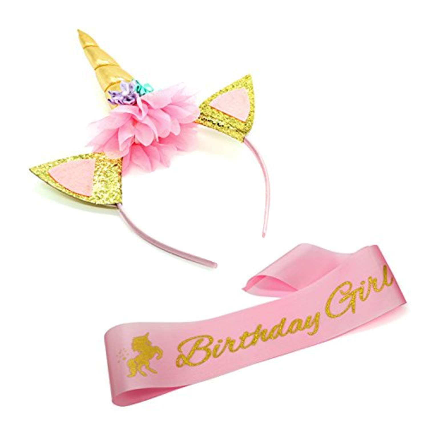 Party Propz Birthday Girl Sash and Crown - 2 Pcs Gold Unicorn Headband And Pink Satin Sash for Baby Girls | Unicorn Hair Band For Girls | Happy Birthday Crown