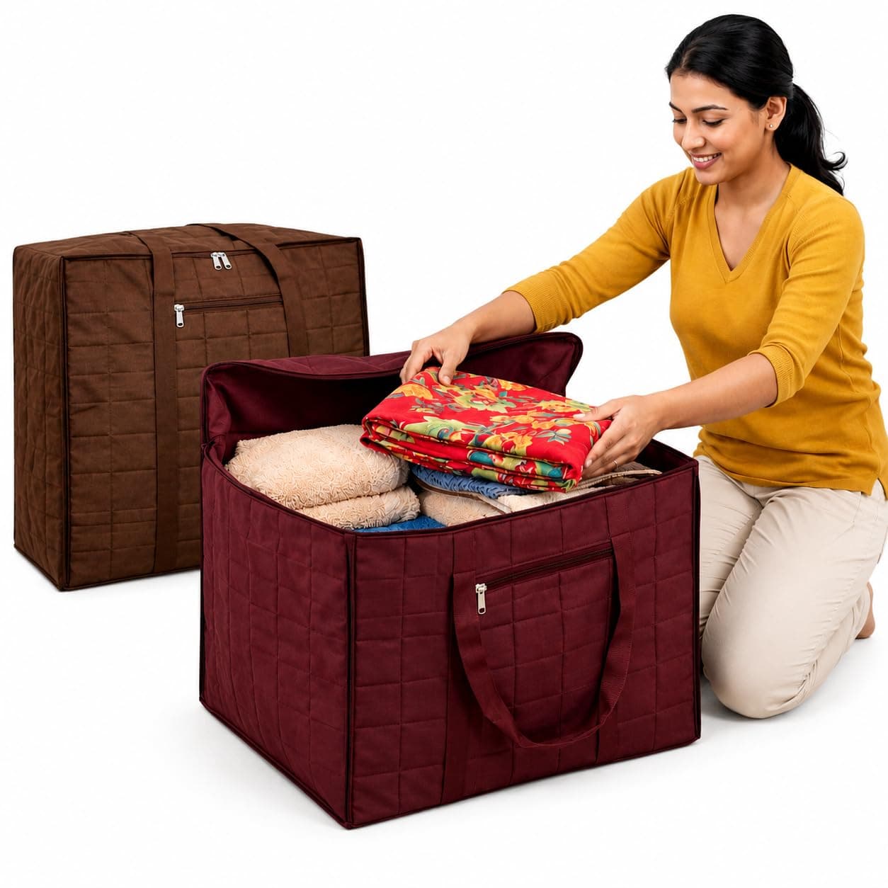 Jumbo Storage Bag, Maroon & Brown, Pack of 2, Waterproof & Dustproof, Large Capacity Organiser for Blankets, Quilts & Winter Clothes | Waterproof, Dustproof & Moisture-Proof Storage Bags