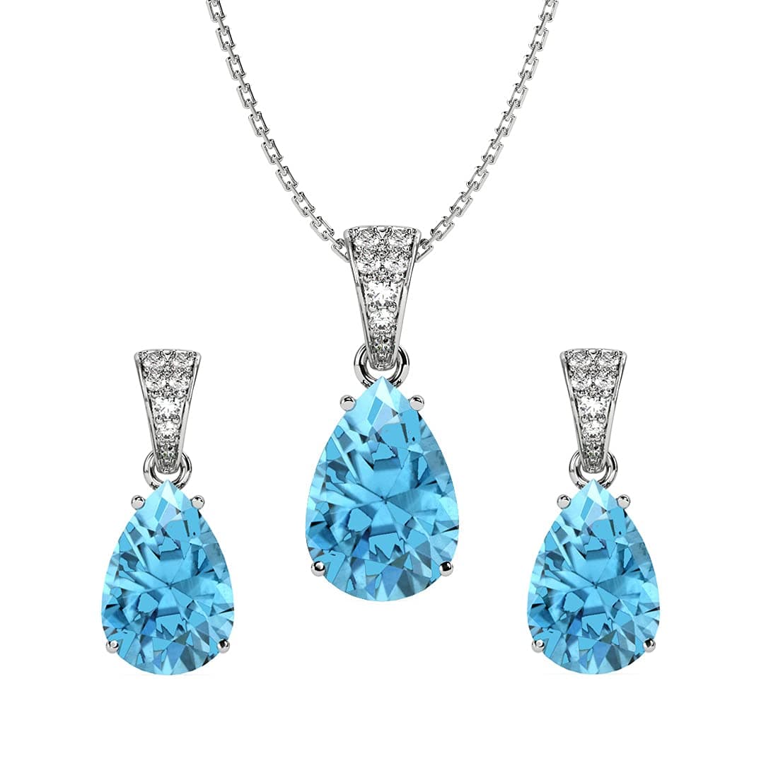 Clara 925 Silver Sky Blue Tear Drop Pendant Earring Chain for Women & Girls | Rakhi Rakshabandhan Gift for Sister Bhabhi | Gift for Birthday Anniversary | Platinum Plated | Swiss Zirconia