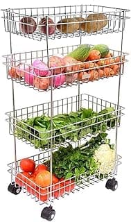 Privesh Stainless Steel Modern Kitchen Storage Rack, Folding Perforated Design Trolley for Spice, Fruits, Vegetable, Onion, Potato, Organizer Stand with Wheel, 4 Layer Trolley