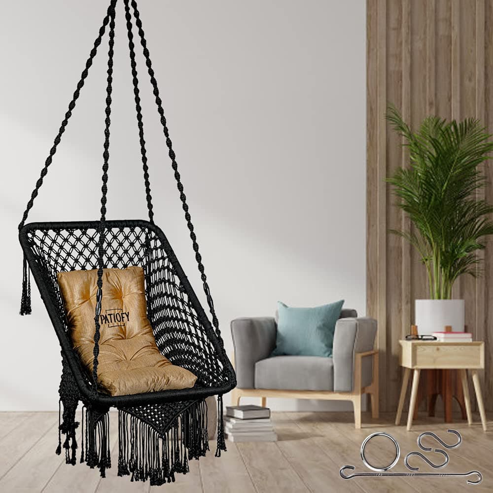 Patiofy Made in India Premium Rectangle Shape Swing for Balcony/Hammock Hanging Swing Chair for Adults for Home/Jhula for Adults with Golden Cushion & Accessories for Patio, Garden (Black)