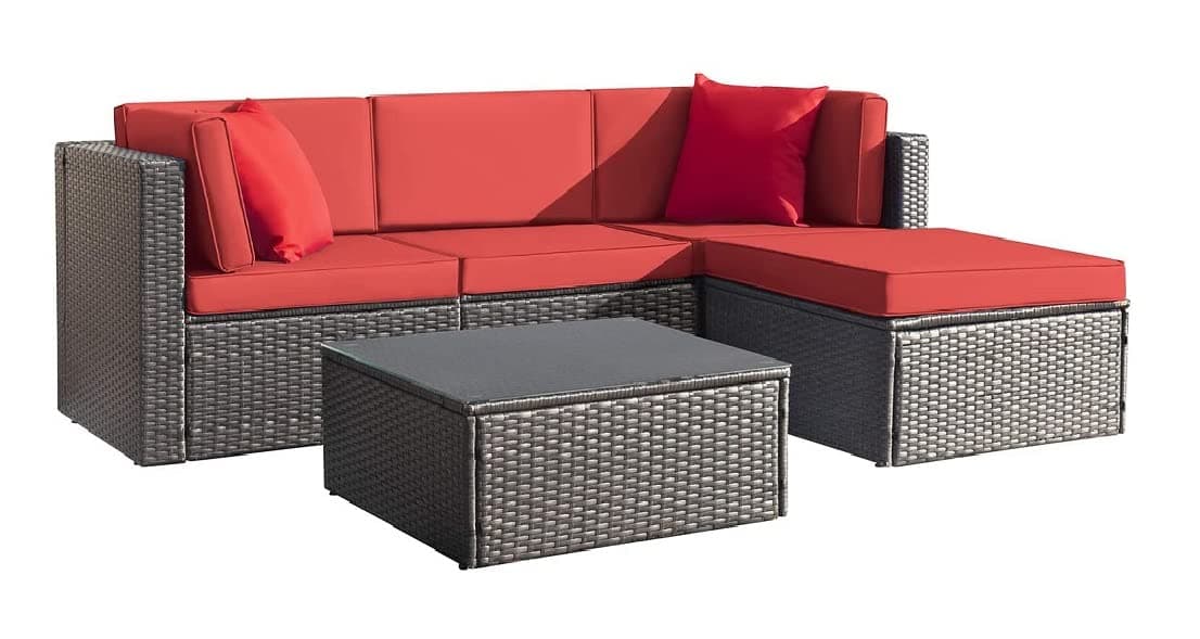 DEVOKO 3 Pieces Patio Furniture Sets All Weather Outdoor Sectional Sofa Manual Weaving Wicker Rattan Patio Conversation Set with Cushion and Glass Table (Dark Brown & Red)