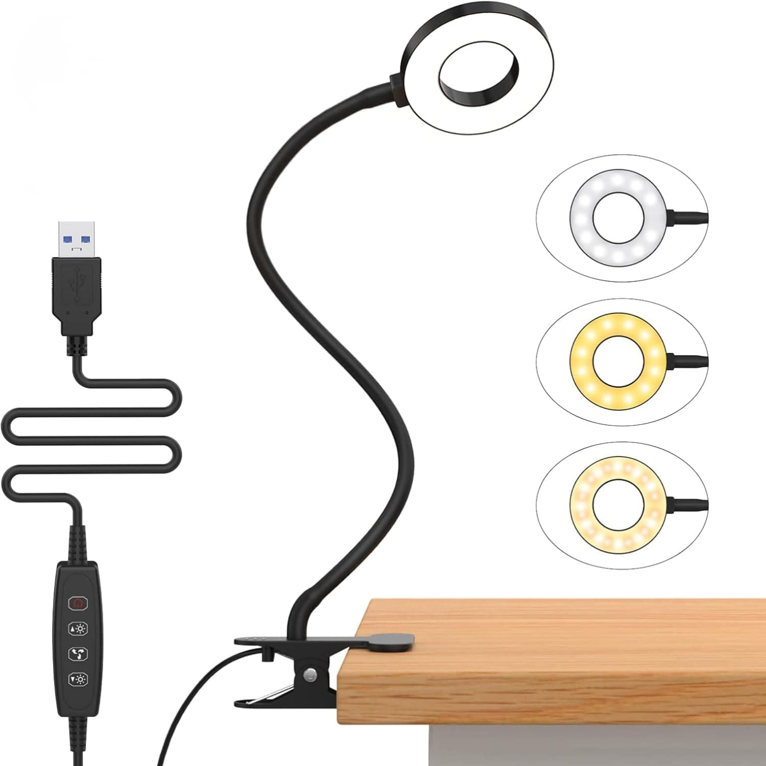 GONDSILY LED Clip-On Study Lamp for Study Room with 3 Light Modes & 10 Brightness Levels | Flexible Gooseneck Desk Light | Eye Protection USB Study Lamp for Students, Table & Bed