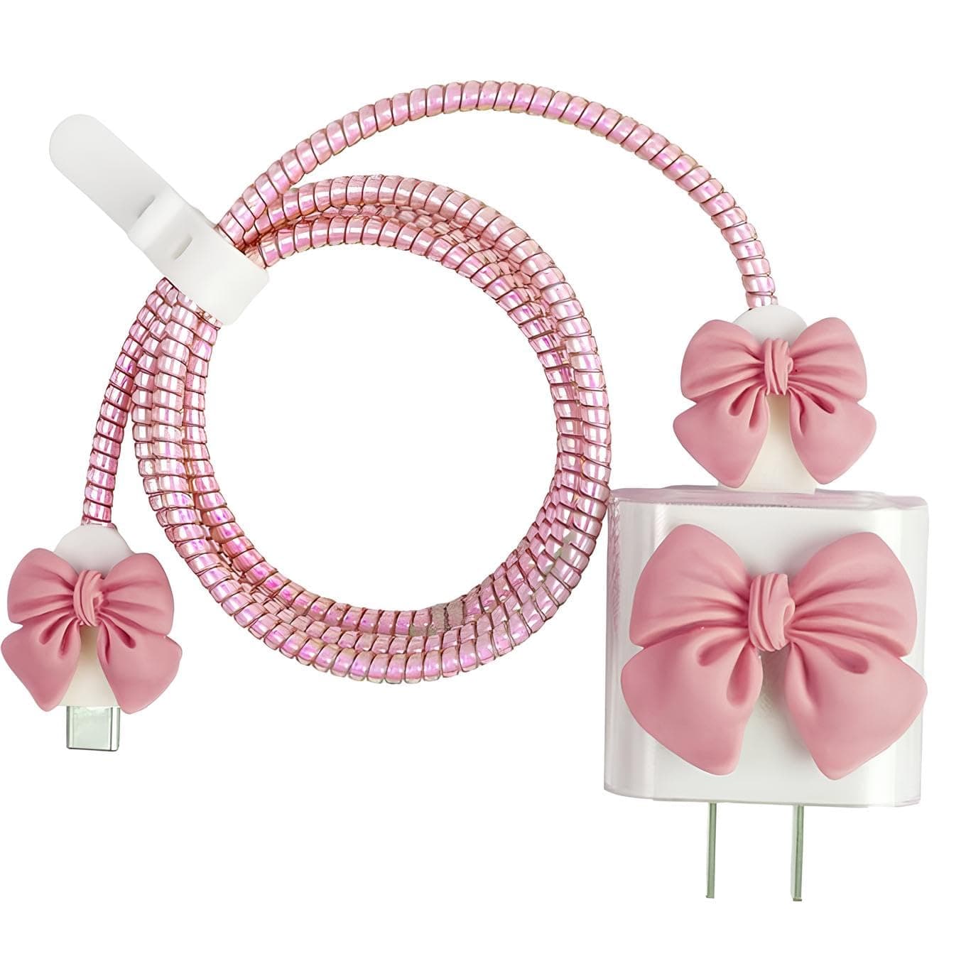 skysia® Cute Bow Design 4-in-1 Charger Case | Transparent Cable Protector, Case Cover, and Spiral Cable Protector for Apple 18W-20W USB-C Adapter (Pack of One) (Multi Colored) (Pink)