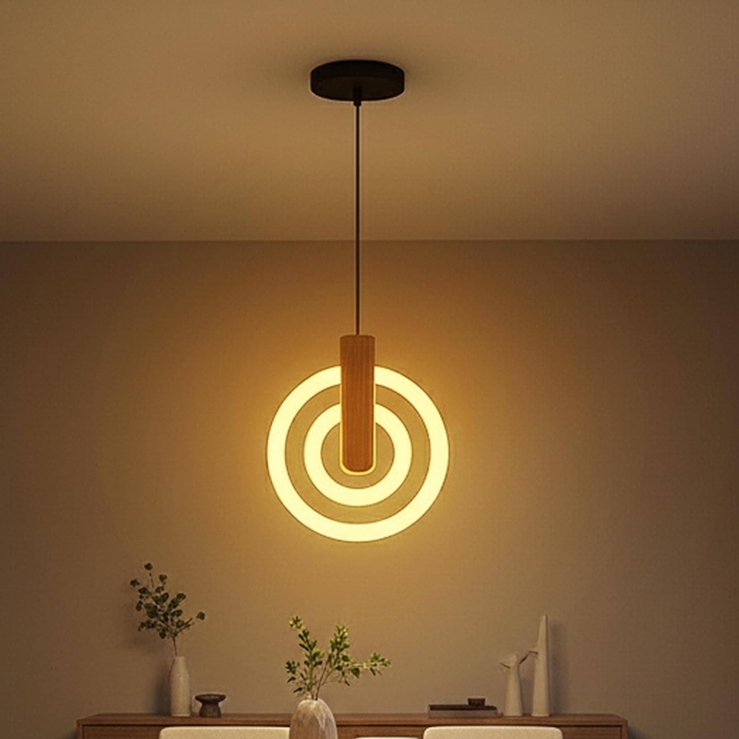 Lampmaster Modern 2-Ring LED Pendant Light with Wooden Accent | Warm White Glow Ceiling Hanging Lamp | Elegant Chandelier for Dining Room, Bedroom, Living Room, Restaurants, Coffee Shop & Office