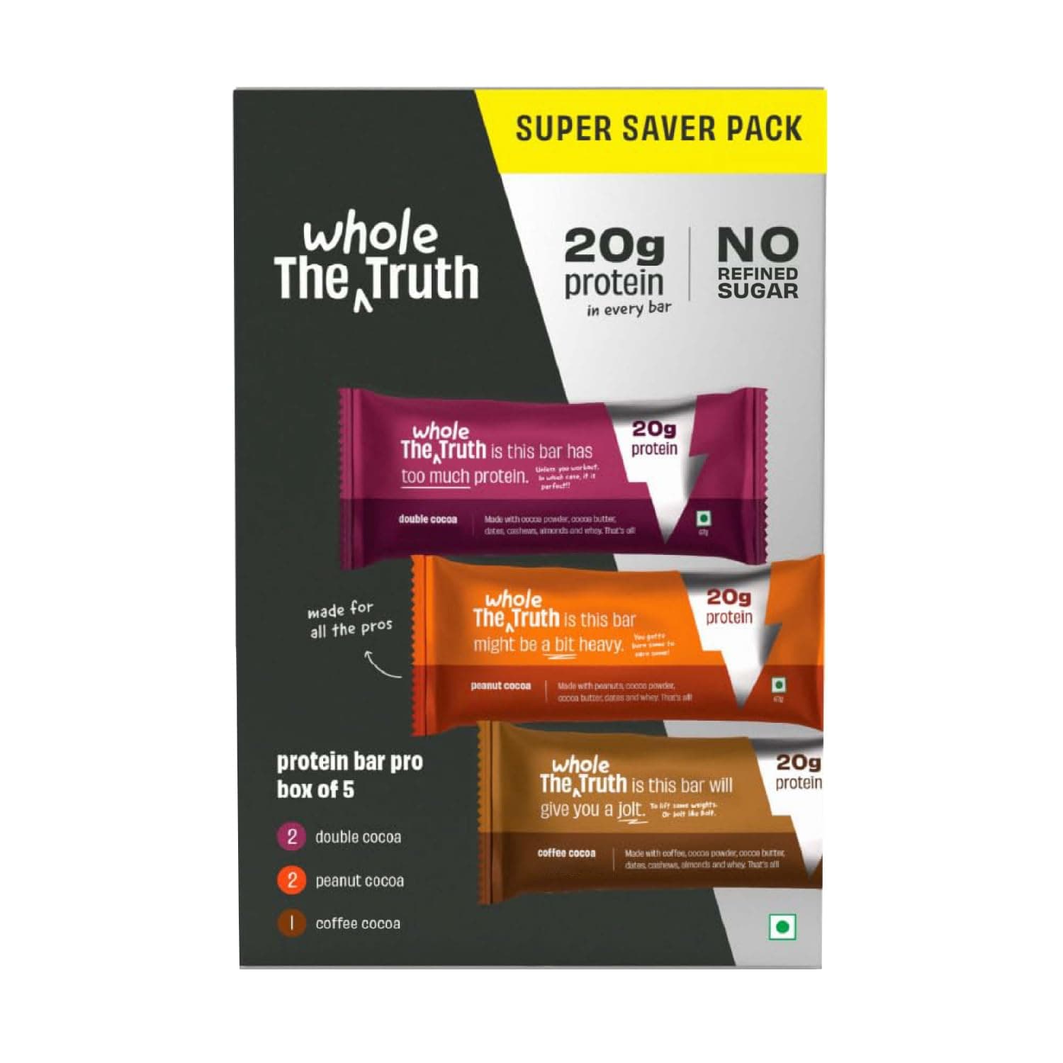 The Whole Truth - High Protein All in One 20g Protein Bar - Pack of 5 x 67g each - - No Preservatives - No Artificial Flavours - All Natural