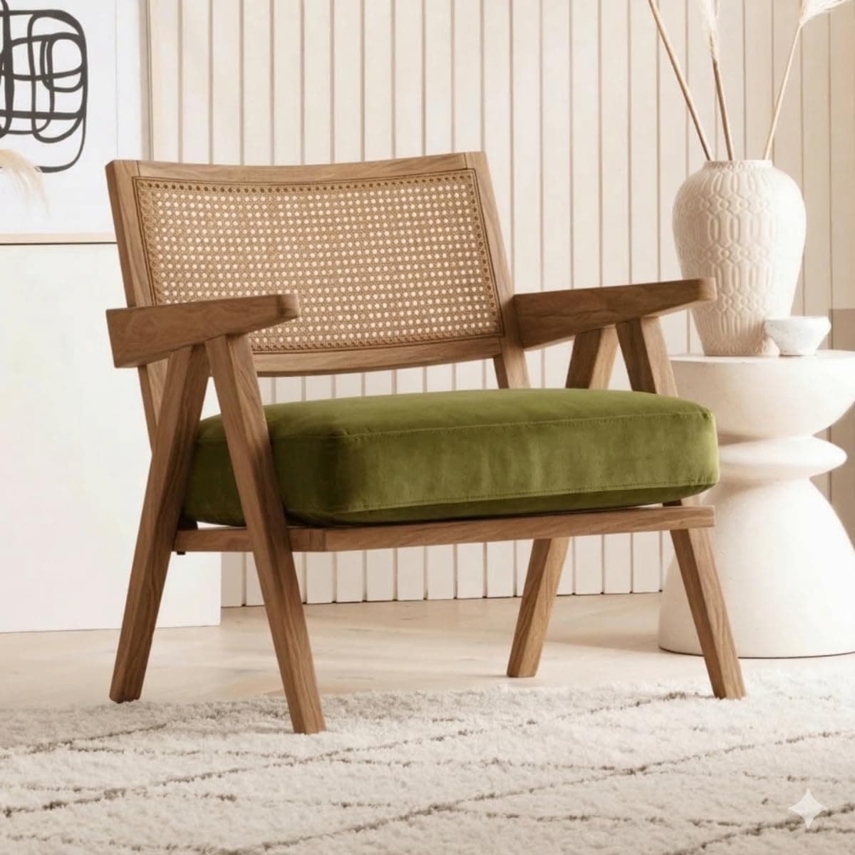 Kingsman Furnitures ABEL Rattan Teak Wood Accent Arm Chair for Home Bedroom, Living, Dining, Drawing Room | Ultra Soft and Comfortable for Stress Free | Removable Cushion (KF-Bronx-OliveGreen-Velvet)