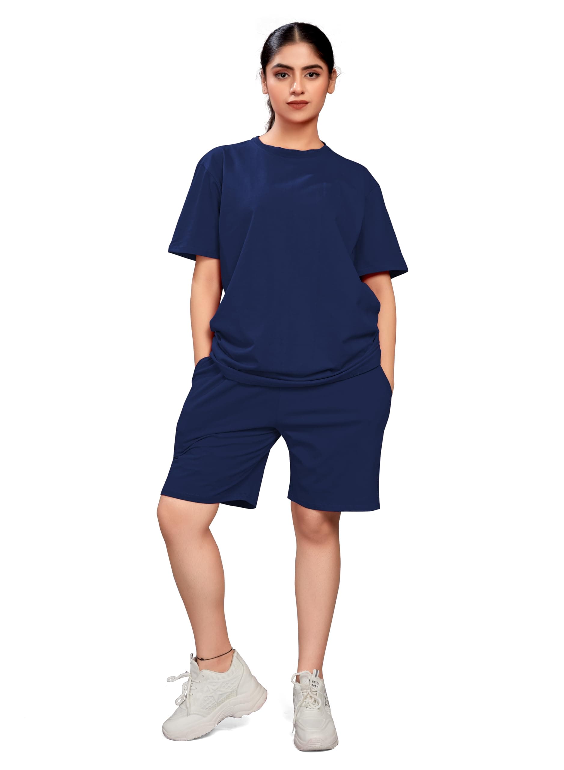 ELLITI Women's Cotton Casual Wear Solid/Plain Night Suit Set of Top & Shorts, Co Ord Set