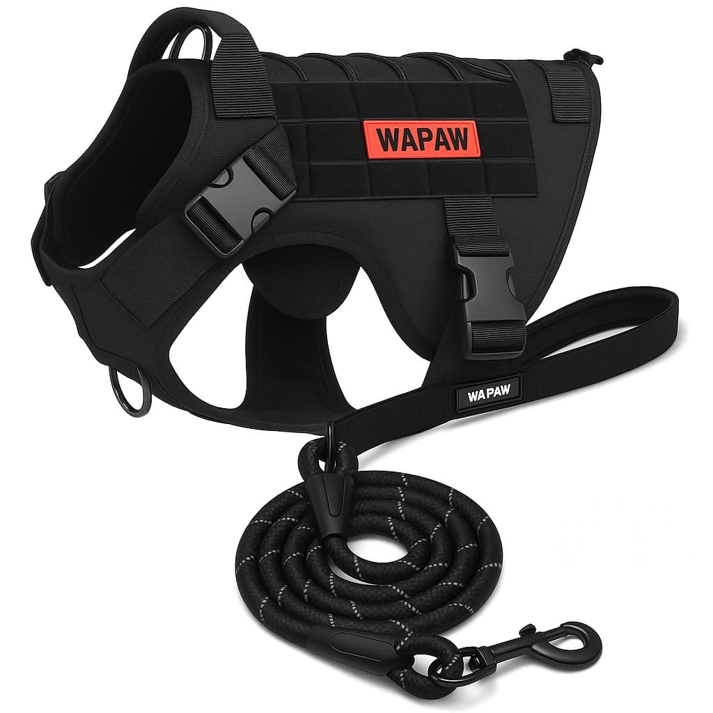 WapaW Dog Harness No-Pull Pet Harness Adjustable Outdoor Pet Vest 3M Reflective Oxford Material Vest for Dogs Easy Control for Small Medium Large Dogs (Tactical Black, Medium (Harness + Leash))