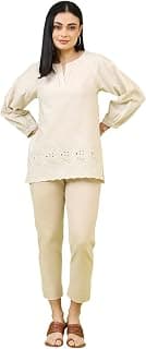 W for Woman Off-Whie Schiffli Embroidered Fusion Top with Lace Detail