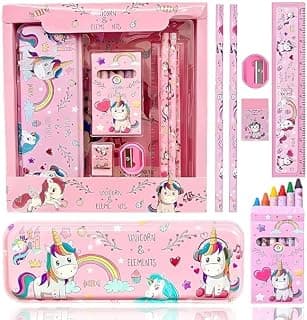 Unicorn Statuionery Gift Set for Kids Unicorn Pencil Box Geometry Box for Kids School Supplies Kit with Pencil Box/pencils/ruler/eraser/sharpener & Crayons for Girls Kanchak Gift Birthday Return Gift