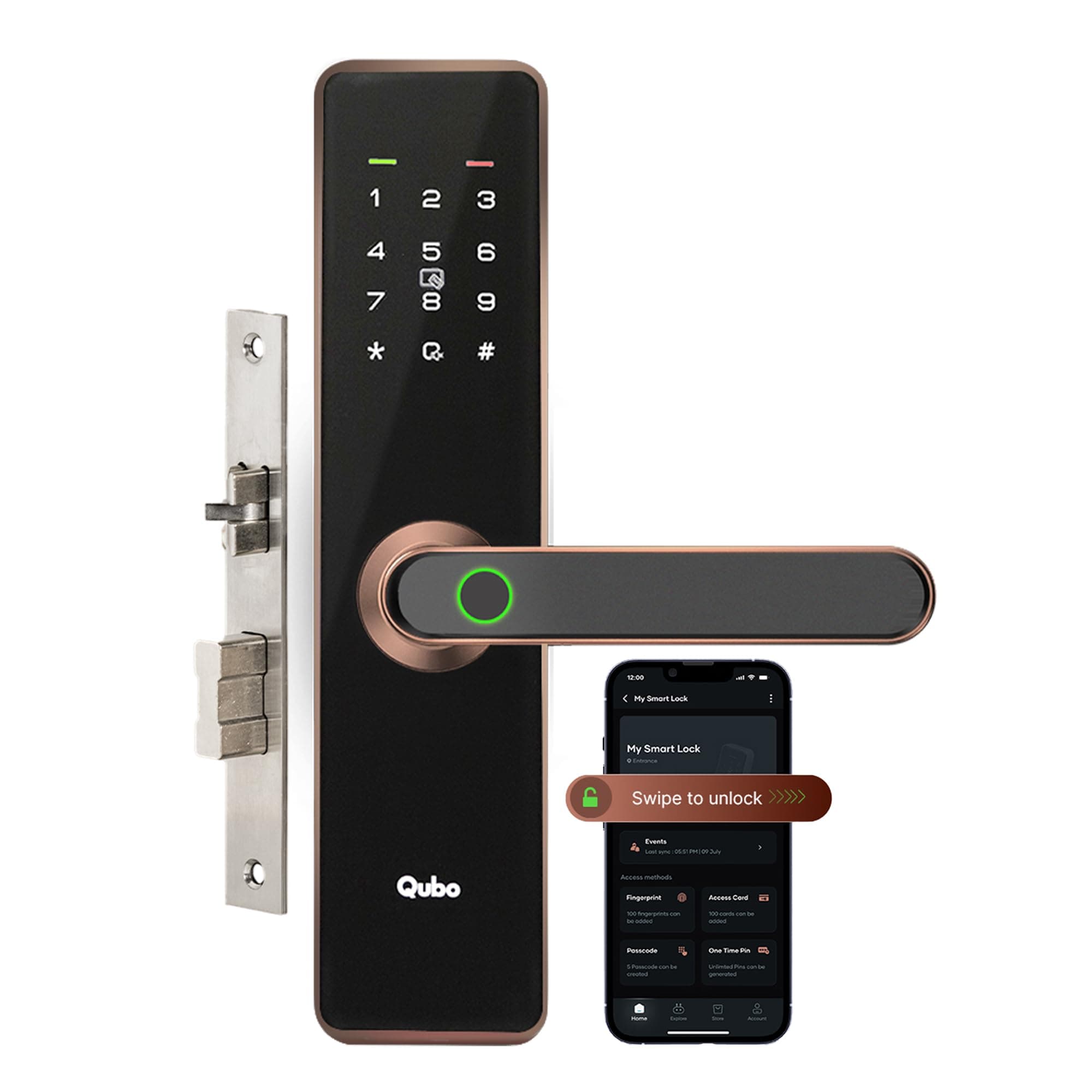 QUBO Smart Door Lock Essential Copper from Hero Group | 7-Way Unlocking | Mobile App | Fingerprint | OTP Remote Unlocking | PIN | RFID Card | Mechanical Key | 2 Year Brand Warranty |