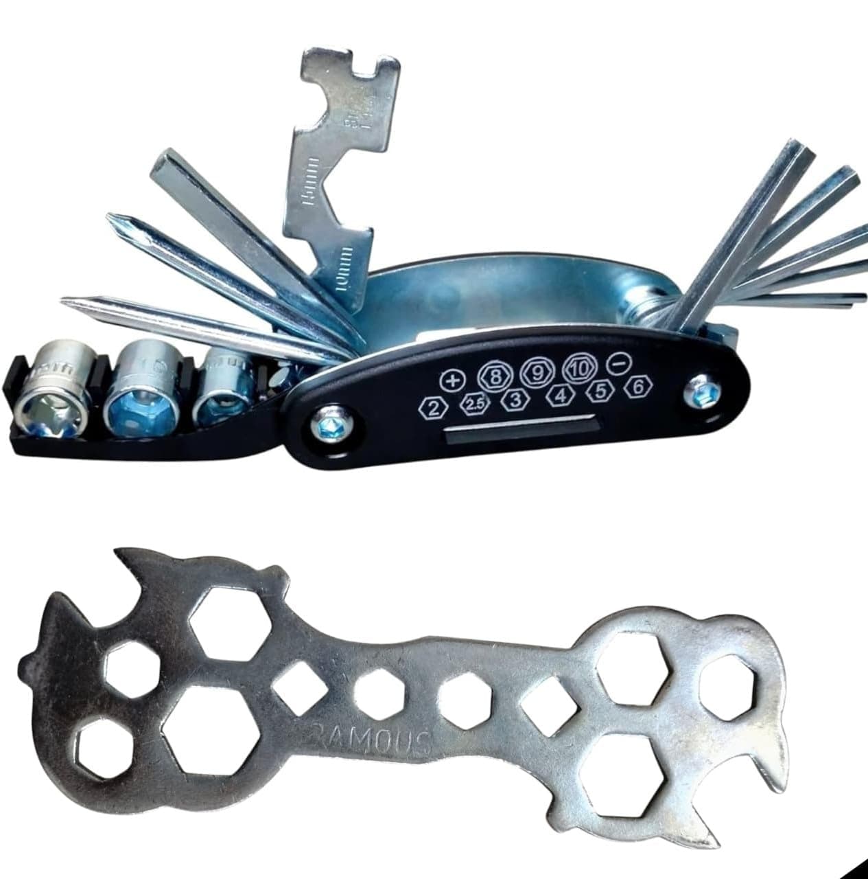 CYIDER 16-in-1 Multi Tool Kit + 13-in-1 Multi Size Wrench Combo | Foldable Hex Key Set & 7mm–17mm Universal Spanner | Cycle Repair & Multipurpose Tool Kit