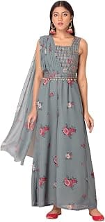 Indya Women's Full Length Georgette Floral Embroidered Belted Jumpsuit