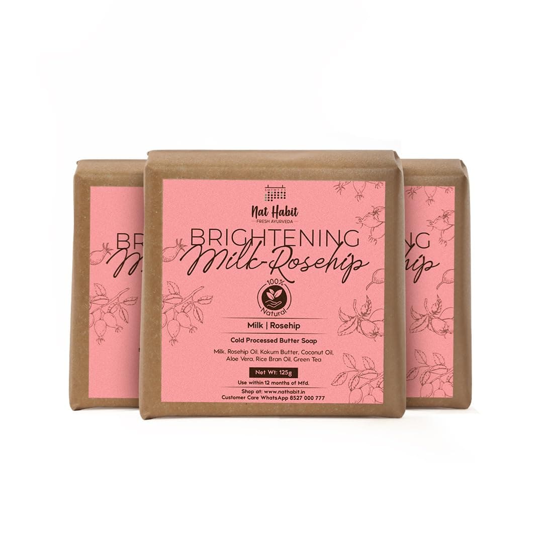 Nat Habit Milk Rosehip Bath Soap with Lactic Acid, Kokum Butter|Cold Processed for Skin Brightening, Anti-Aging & Anti-Acne | Moisturizing Milk Soap, Gentle Exfoliation | Pack of 3 X 125g