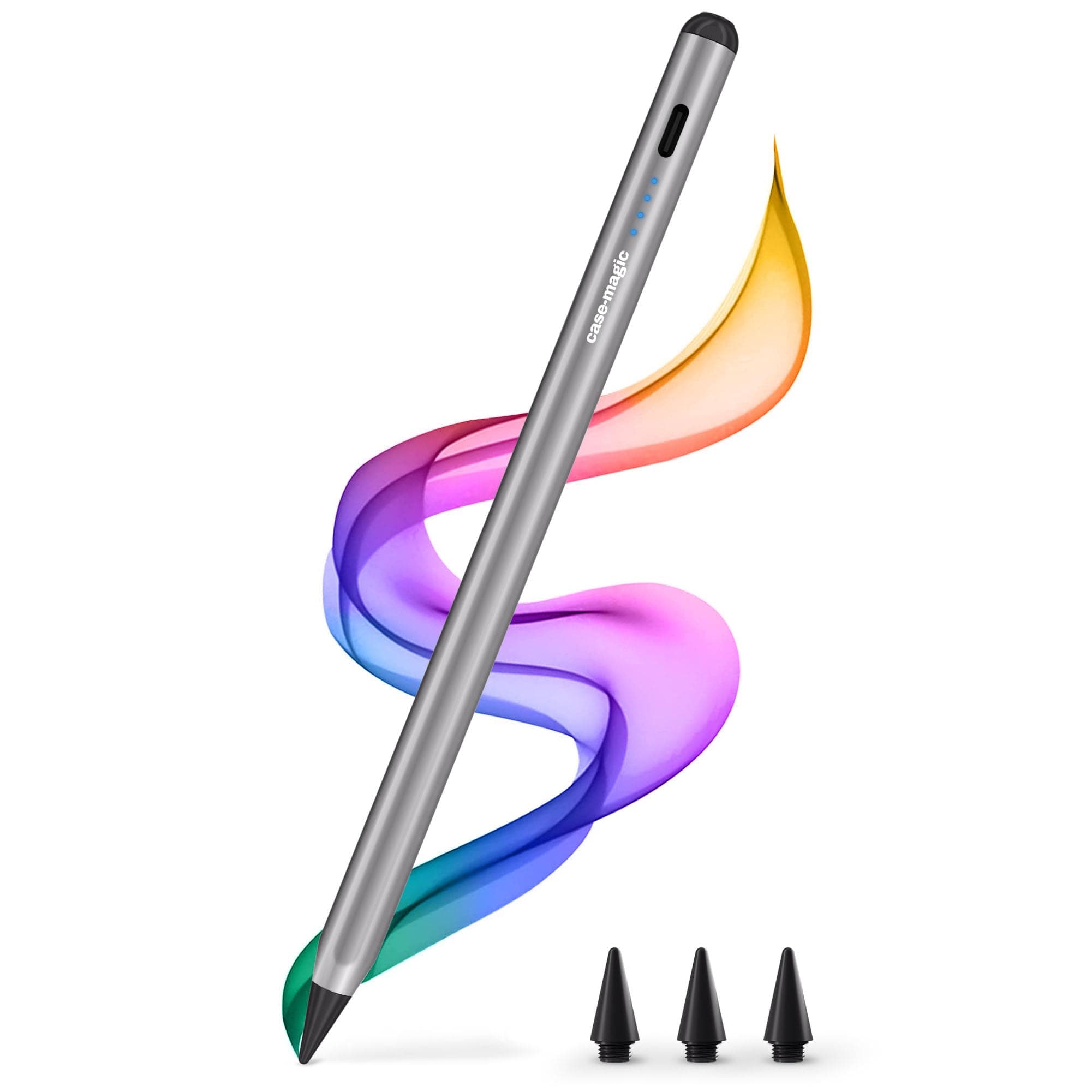 Case-Magic iPad Pencil Active Stylus Pen with Palm Rejection, Tilt Sensor, High Precision Tip, Fast Charge Stylus for iPad 2018-2026, iPad 6/7/8/9/10/11, Air 3/4/5/M2/M3, Mini 5/6, Pro Models, Silver