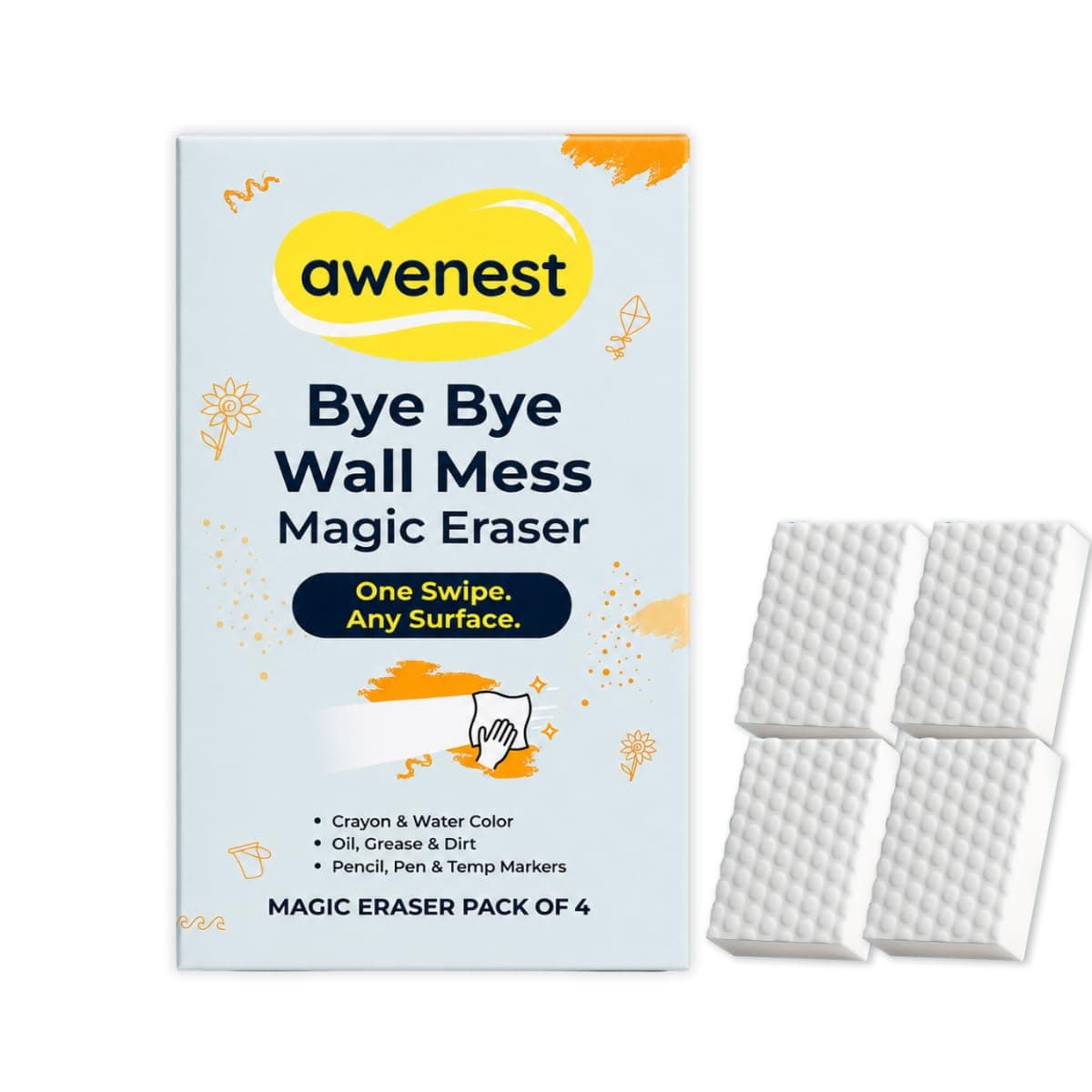 awenest Magic Eraser Cleaning Sponge- Pack of 4 | Chemical-Free, Multi-Purpose Wall & Stain Remover | Super Scrub for Kitchen, Bathroom, Walls, Shoes & More – Tough on Stains, Gentle on Surfaces