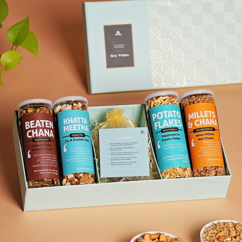 Omay Foods Savory Grow Kit Gift Box|Roasted Snacks,Plantable Seeds Set|Corporate Gifts|Healthy Gifts For Employees&Clients Healthy Snacks Hamper|Gift Hampers For Anniversary,Birthdays Snack Hamper