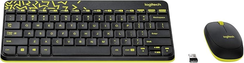 Logitech MK240 Nano Wireless USB Keyboard and Mouse Set, 12 Function Keys 2.4GHz Wireless, 1000DPI, Spill-Resistant Design, PC/Mac, Black/Chartreuse Yellow