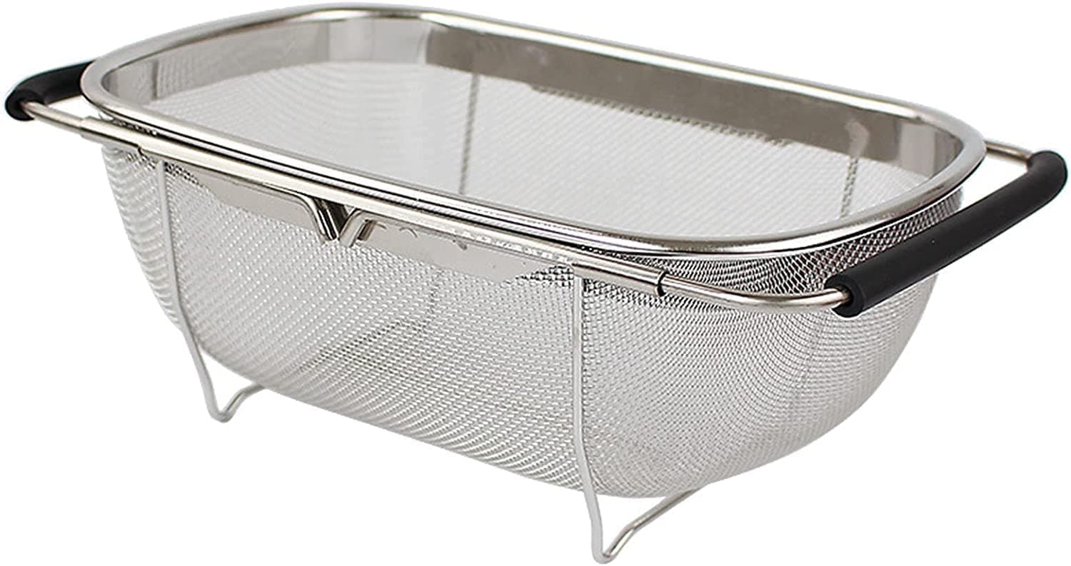 Umi Large Over The Sink Colander, 18/8 Stainless Steel Fine Mesh Strainer Basket with Expandable Rubber Grip Handles- Strain, Drain, Rinse Fruits, Vegetables, 21 x 14 x 9 Centimeters, Silver