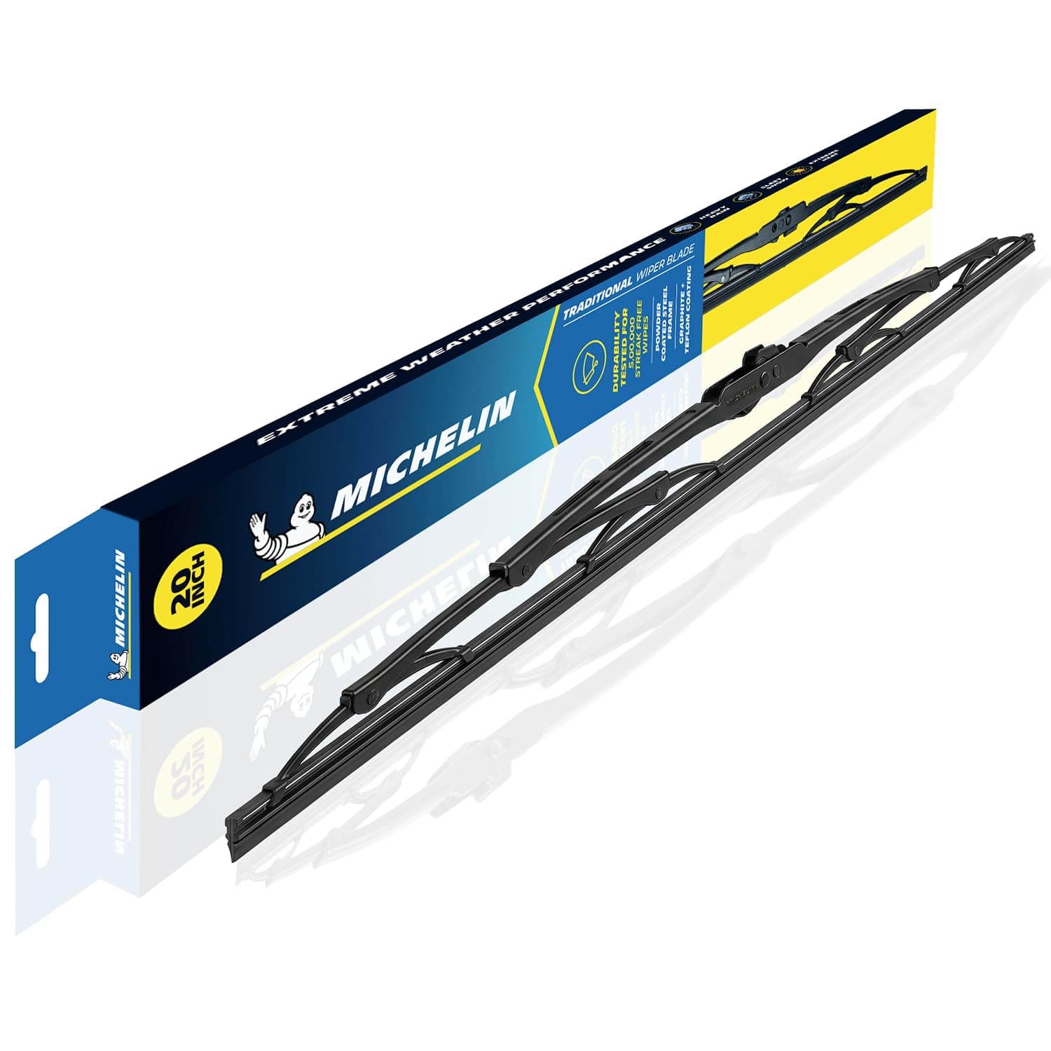 MICHELIN Traditional Wiper Blade | Aerodynamic High-Performance Wiper with Graphite & Teflon Coated Natural Rubber for Streak-Free Wipe | U-Hook Type Rust-Resistant Steel Frame (1, 20 Inch)