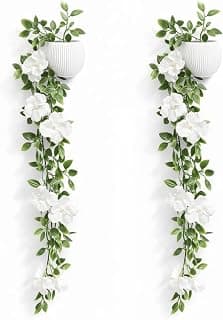 Blessence Set of 2 Artificial Flower Creeper Hanging with Pot 99 cm, Ivy Vine Garland with Small Size Pot for Home Office Wall Shelf Table Living Room Decor (Green and White)