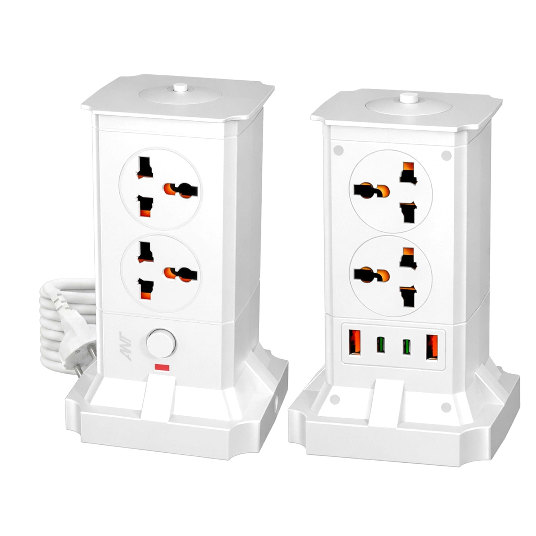 Ant Pulse Tower Extension Board 2500W 10A Power Strip, 4 Universal Sockets, 2USB & 2Type-C Ports, Surge Protector, Vertical Multi Plug Charging Station,LED Night Light for Home Office Gaming Setup