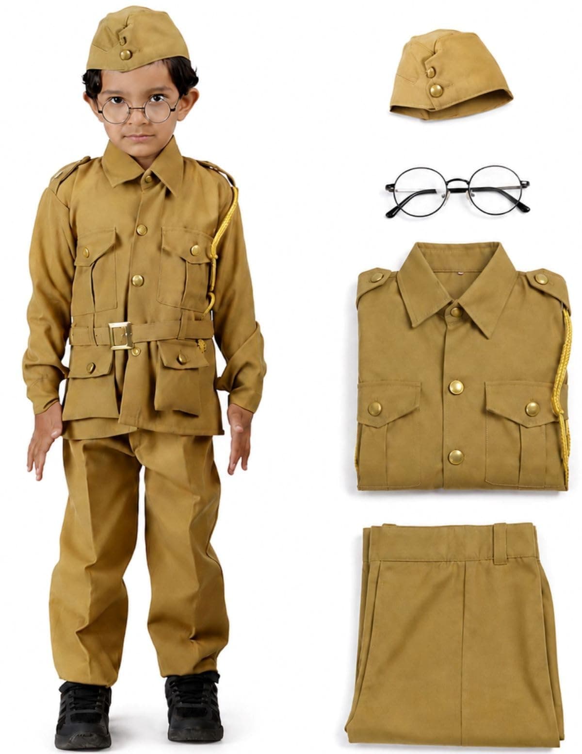 BookMyCostume Premium Fabric National Hero Freedom Fighter Kids Fancy Dress Costume - Khaki 3-4 Years