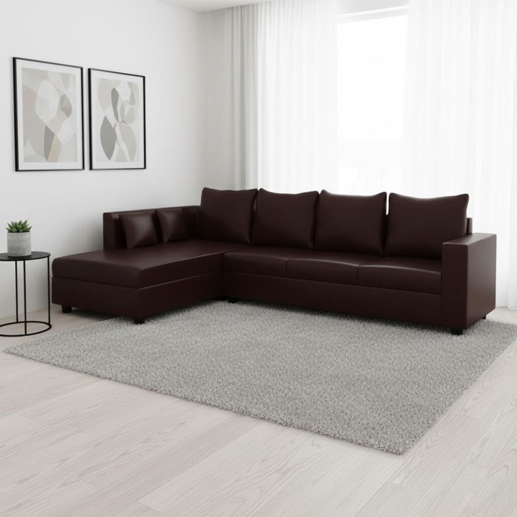 FURNY Harloy 5 Seater LHS L Shape Leatherette Sofa Set (Brown) in Premium Finish | Durable Comfort | Ideal for Living Room