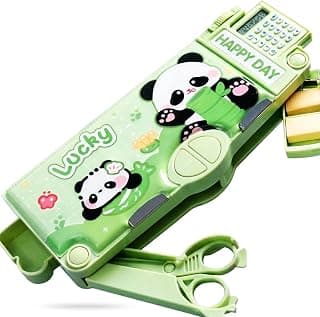 Kiddie Galaxia Magnetic Multifunctional School Pencil Box with Calculator Cute Cartoon Stationary Large Capacity Compass Geometry Kids Scissor Ruler Eraser Magnetic Box Best Gifts