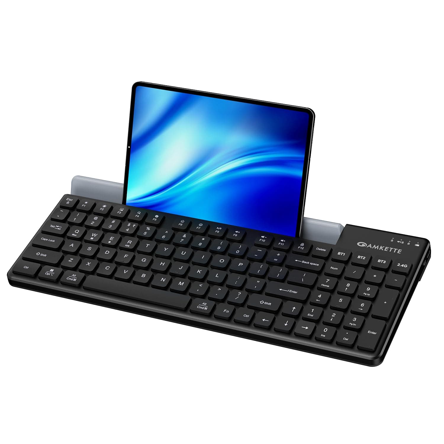 Amkette Optimus 2 Multi-Device Wireless Keyboard, Bluetooth 5.0 & 2.4GHz, Connect 4 Devices, Low-Profile Keys, Rechargeable USB-C, Built-in Device Dock, Full-Size, Windows/macOS/Android/iOS