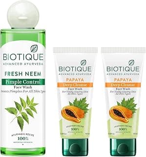 Biotique Bio Neem Purifying Face Wash, 200 ml & Bio Papaya Visibly Ageless Face Wash, Pack of 2, 200 ml (2 x 100 ml)