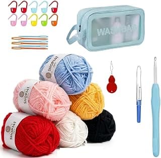Complete Crochet Kit for Beginners Adults & Kids, All-in-One Crochet Starter Kit with 6 Multi-Color Acrylic Yarn Skeins, Ergonomic Crochet Hook, Zipper Storage Wash Bag, Stitch Markers & Needles