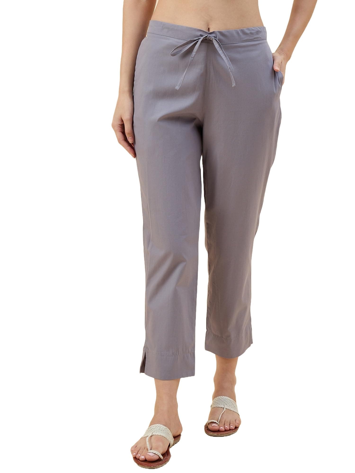 Nermosa Women Cotton Pant Elasticated Waist Regular Slim Fit Trouser, Pocket Pants for Office School Formal Casual Daily Use