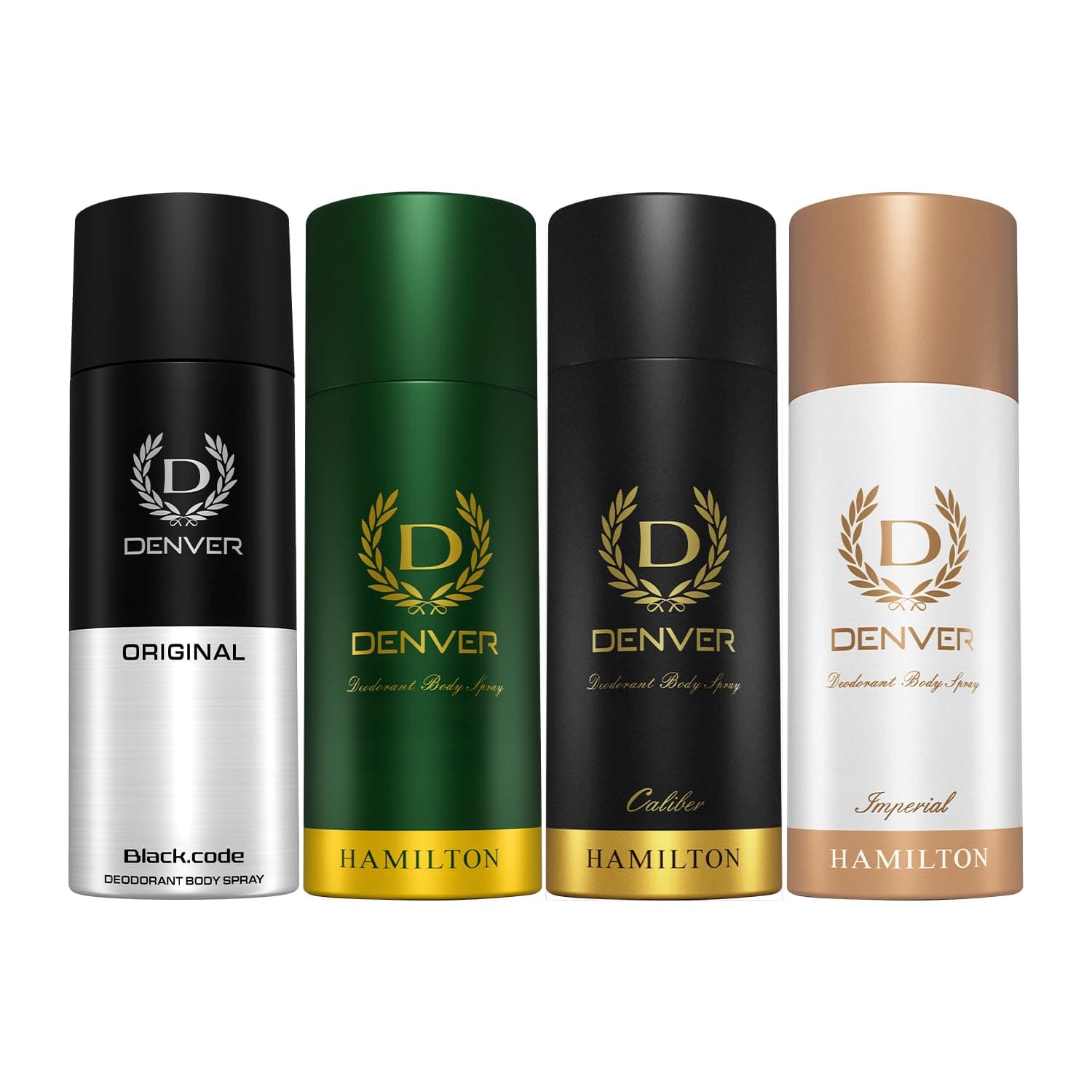 DENVER Hamilton, Imperial, Black code & Caliber Deodorant For Men - 150 ML Each, Pack of 4 | Long Lasting Deodorant Body Spray For Men