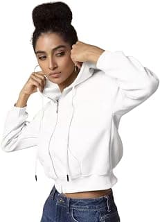 Talitha Fashion Soft Fleece Solid Long Sleeve Drawstring Crop Zipper Jacket Hooded Full Zip Up Sweatshirt for Women's Girl's Winter Wear Crop Hoodie