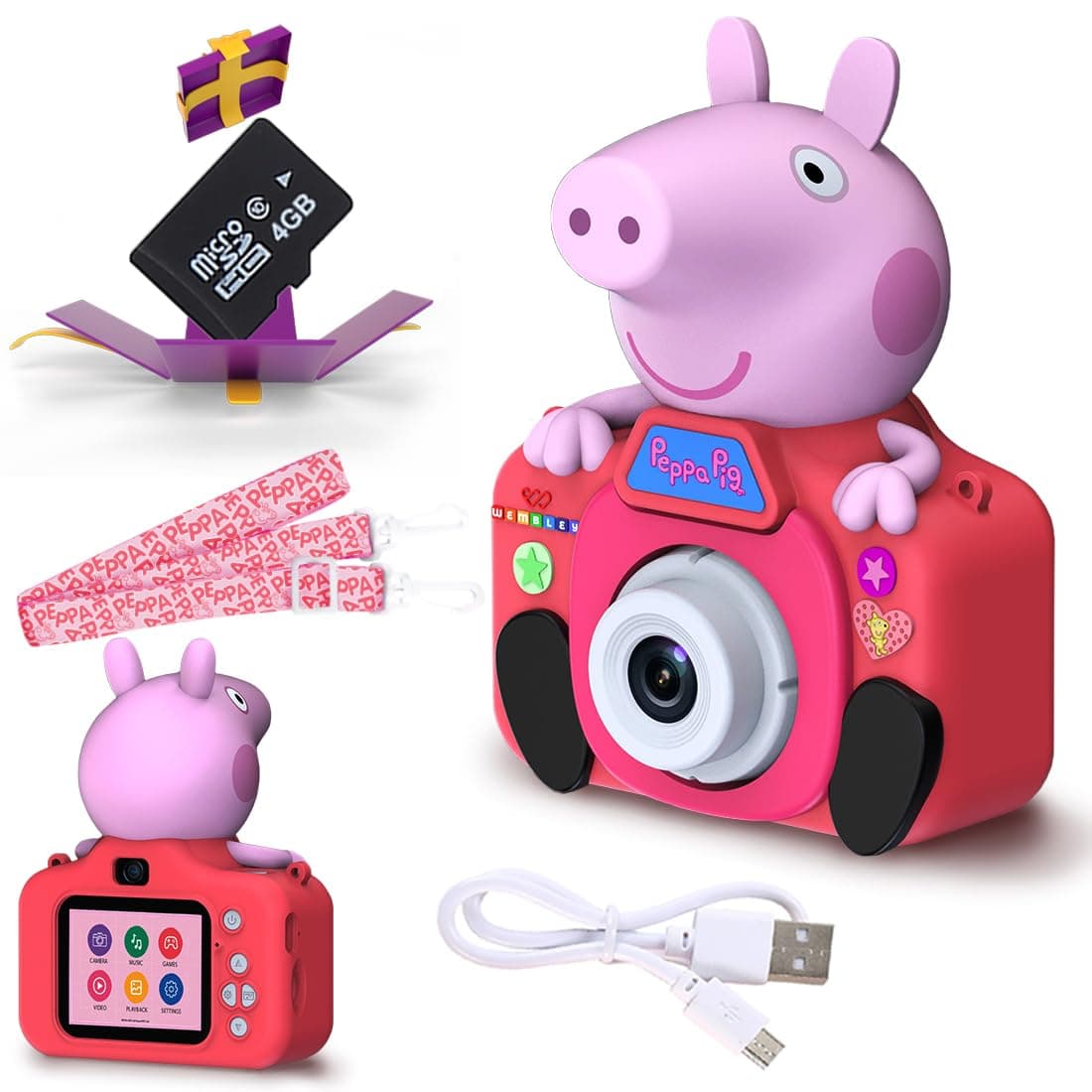 Wembley Kids Digital Camera Compact Peppa Pig Design 8GB SD Card 1200 mAh Battery Selfie Camera Video Recorder Photo Capture with Games for Girls Boys 3+ 4 5 6 7 8 - Pink