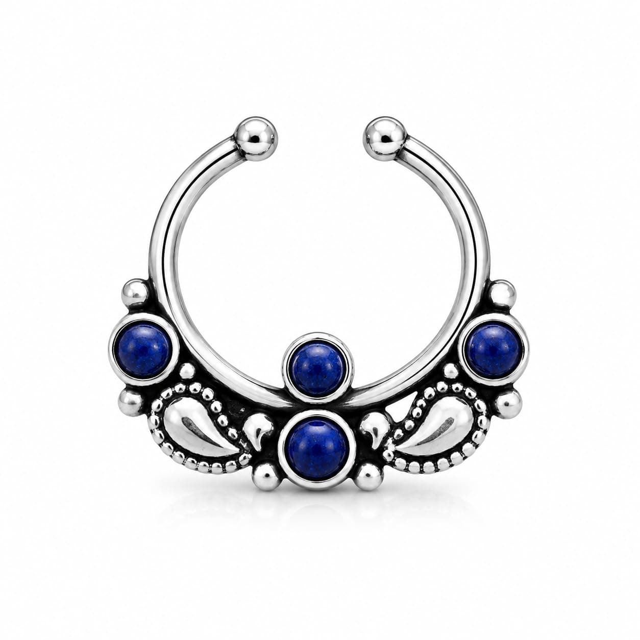 NEMICHAND JEWELS Pure 925 Sterling Silver Blue CZ Septum Nose Rings For Women - Non Pierced nose (SS-NR-10)