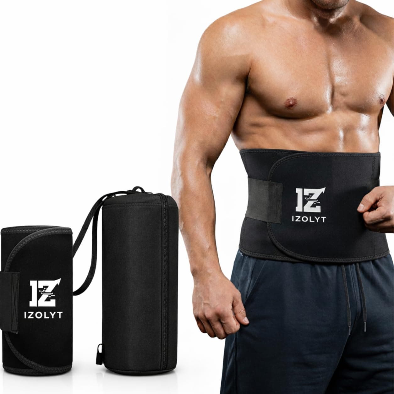 IZOLYT Belly Fat Belt for Women & Men, Neoprene Sweat Waist Trainer Black | Adjustable neoprene fits up to 47 inches. Boosts sweat for tummy control, fat burn & posture. Free carry pouch included.