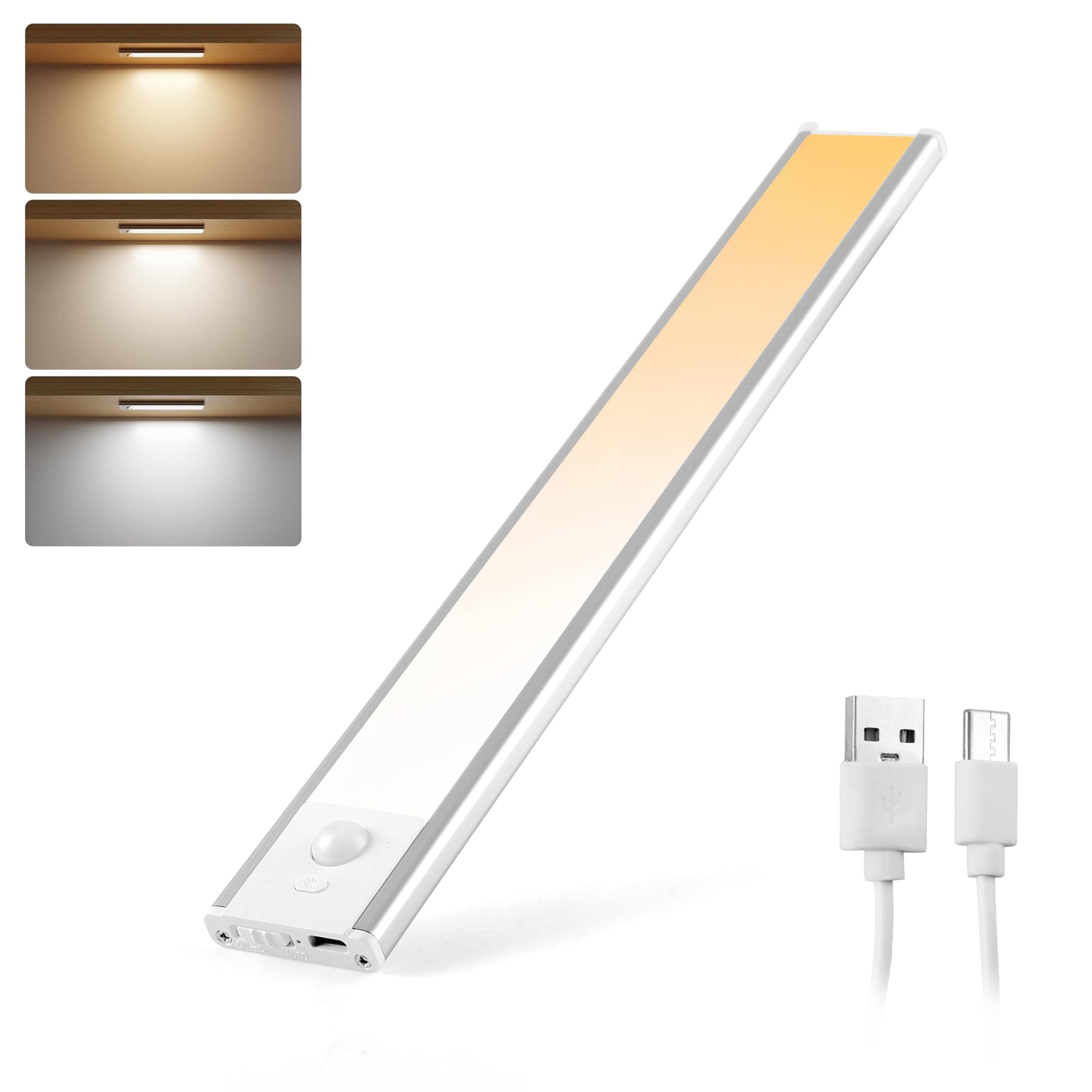 Gesto Silver 30CM Rechargeable Motion Sensor LED Light for Wardrobe, Closet, Cabinet, Kitchen, Under Stairs, Drawer, Shelf, Garage, Tool Shed - 3 Color Modes, Stepless Dimming, Magnetic Closet Light